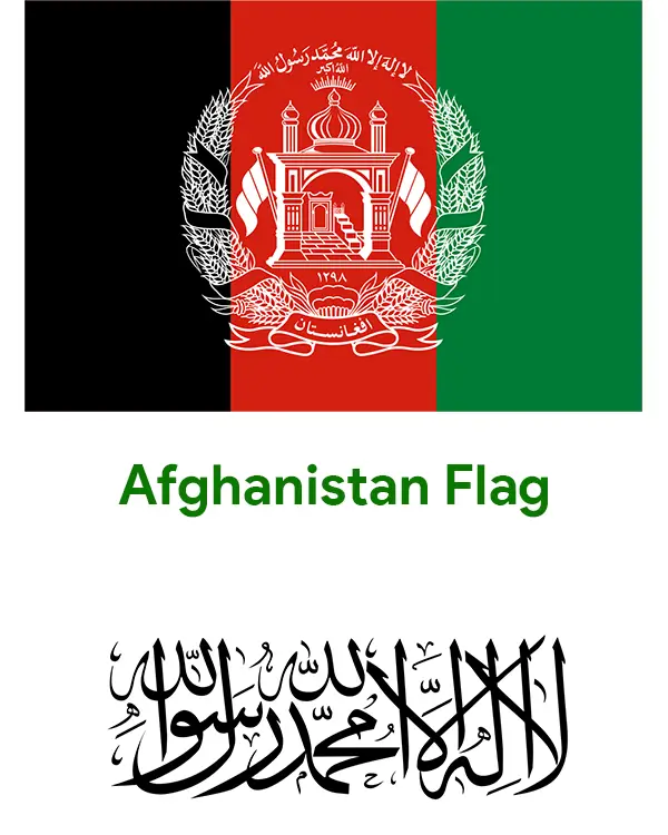The flag of Afghanistan — a white field bearing the Shahada in black calligraphy